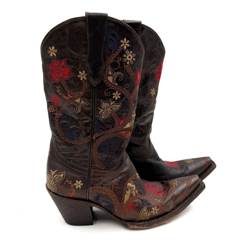 Lucchese Gardenia Cowboy Boots Brown Floral Western Embroidered Snip Toe Sz 8.5